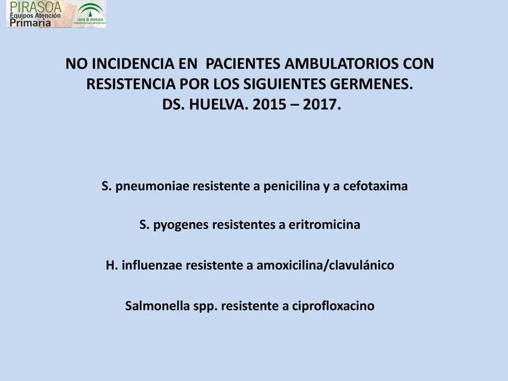 NO INCIDENCIA EN PACIENTES AMBULATORIOS CON RESISTENCIA POR LOS SIGUIENTES GERMENES. DS. HUELVA – 2017.