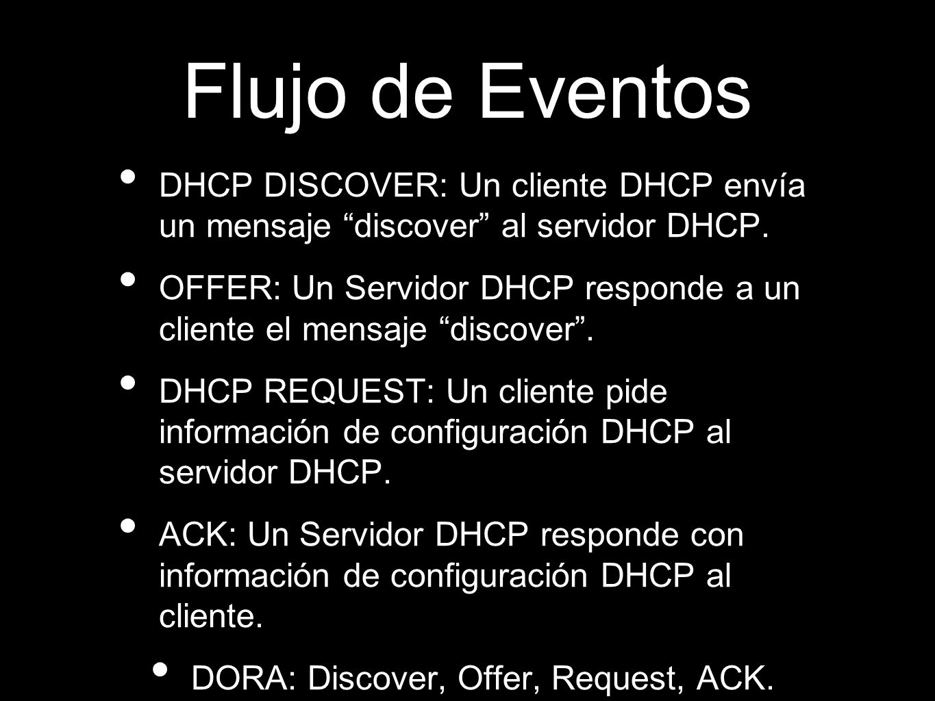 Flujo de Eventos DHCP DISCOVER: Un cliente DHCP envía un mensaje discover al servidor DHCP.