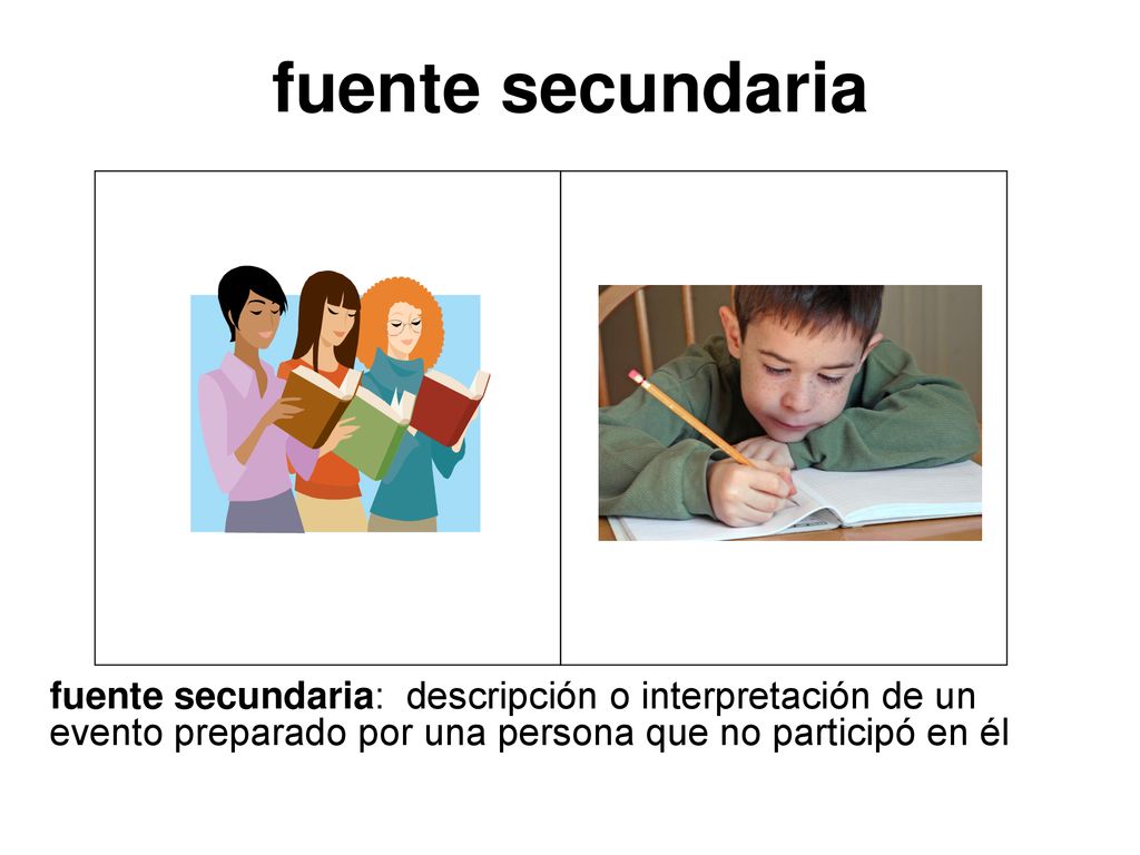 fuente secundaria fuente secundaria: descripción o interpretación de un evento preparado por una persona que no participó en él.