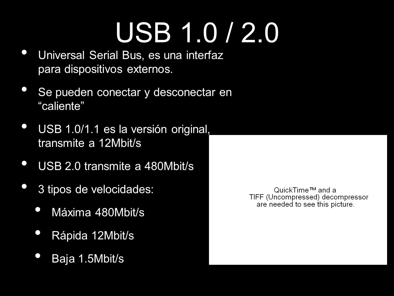 USB 1.0 / 2.0 Universal Serial Bus, es una interfaz para dispositivos externos. Se pueden conectar y desconectar en caliente