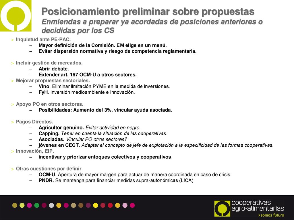 Posicionamiento preliminar sobre propuestas Enmiendas a preparar ya acordadas de posiciones anteriores o decididas por los CS