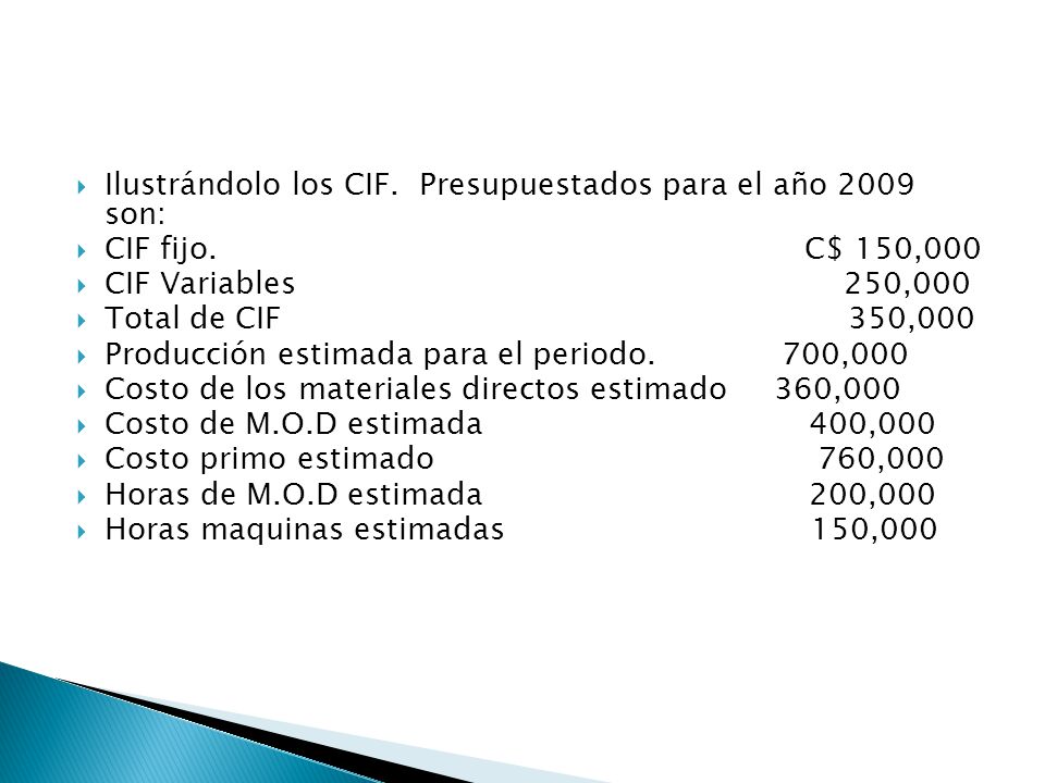 Ilustrándolo los CIF. Presupuestados para el año 2009 son: