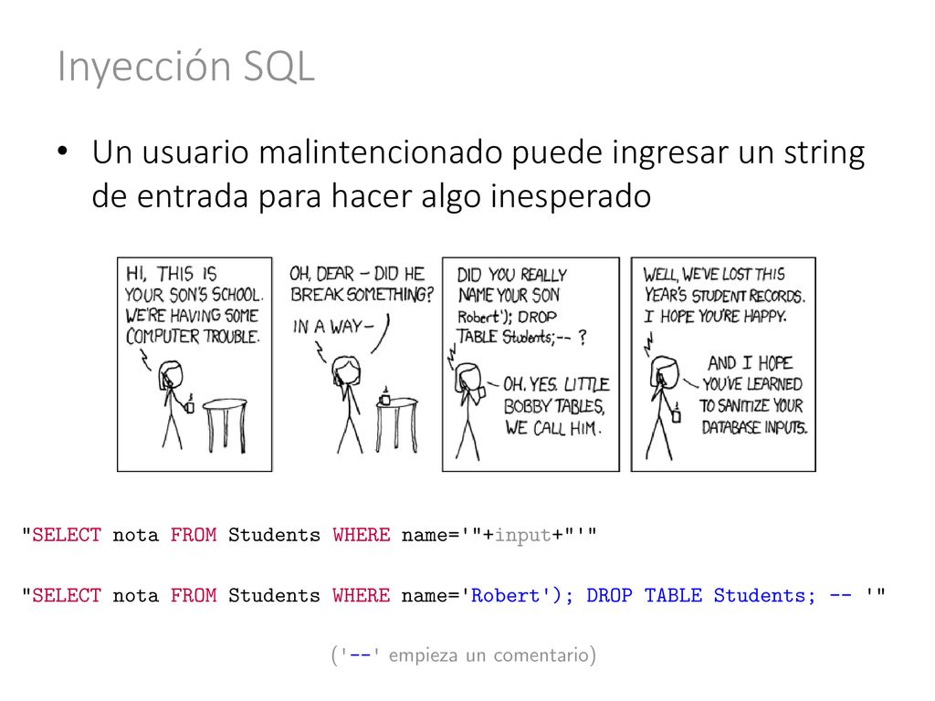 Inyección SQL Un usuario malintencionado puede ingresar un string de entrada para hacer algo inesperado.