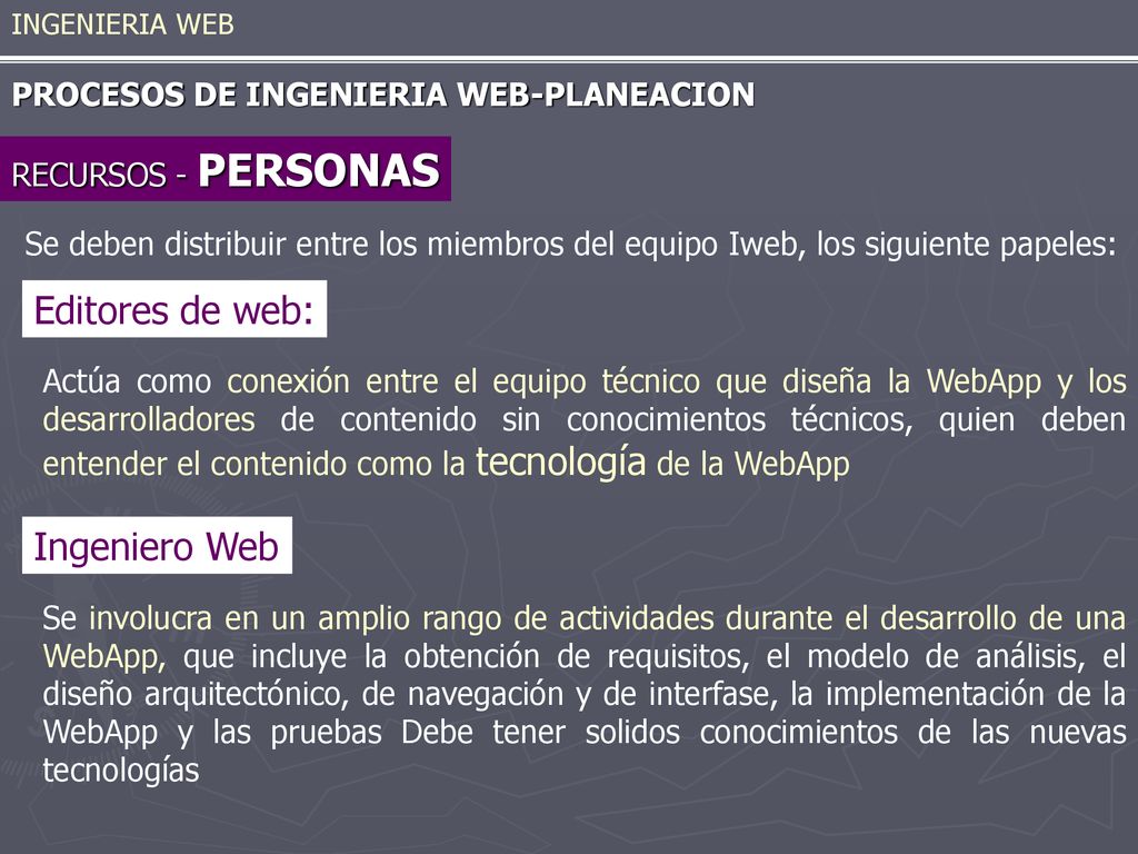 Editores de web: Ingeniero Web PROCESOS DE INGENIERIA WEB-PLANEACION