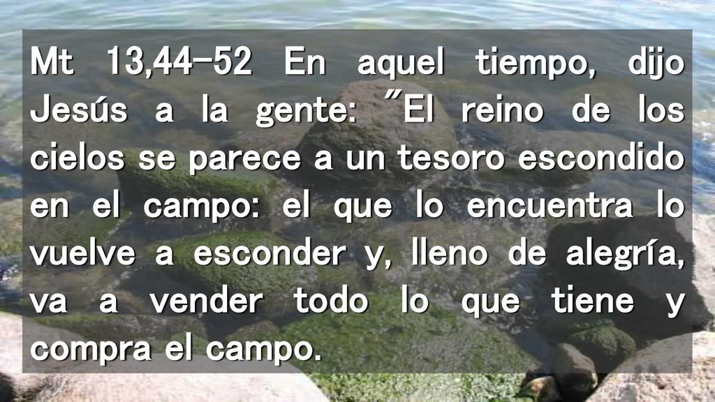Mt 13,44-52 En aquel tiempo, dijo Jesús a la gente: El reino de los cielos se parece a un tesoro escondido en el campo: el que lo encuentra lo vuelve a esconder y, lleno de alegría, va a vender todo lo que tiene y compra el campo.