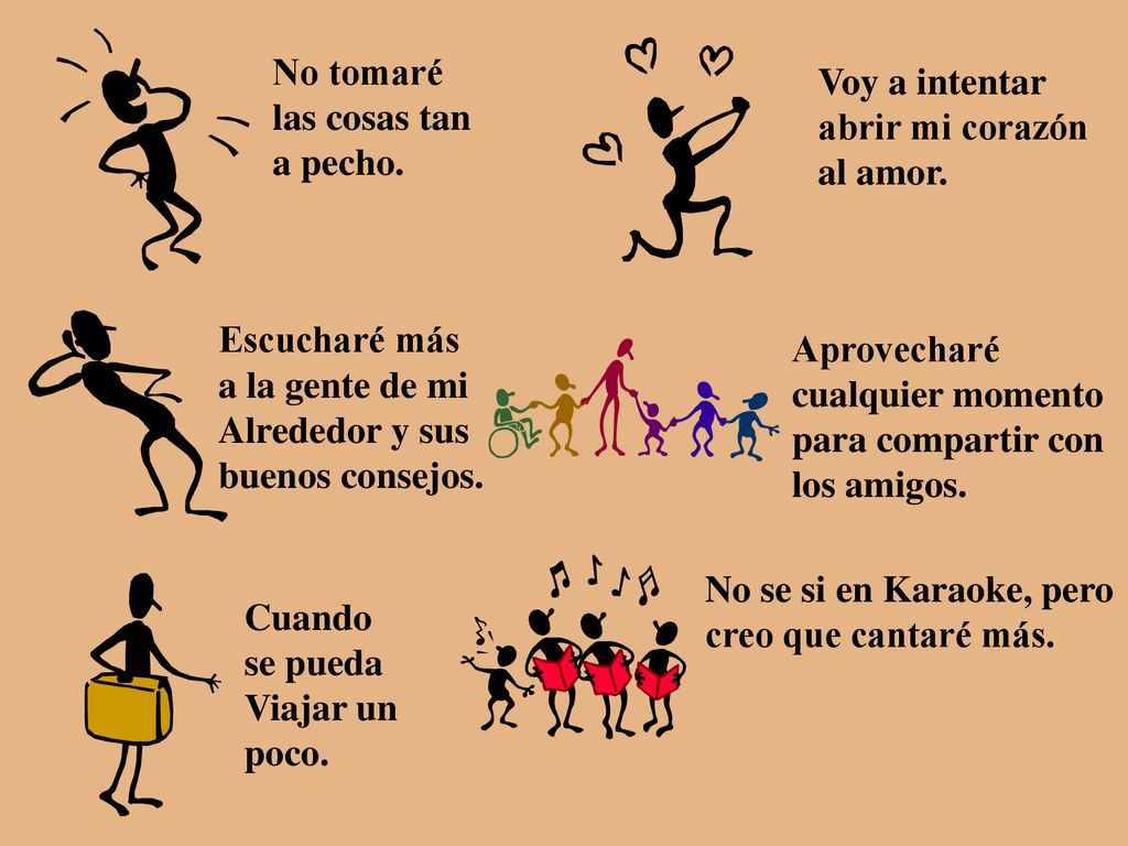 No tomaré las cosas tan. a pecho. Voy a intentar. abrir mi corazón. al amor. Escucharé más. a la gente de mi.