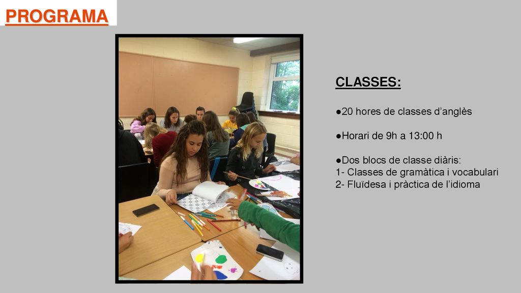 PROGRAMA CLASSES: 20 hores de classes d’anglès Horari de 9h a 13:00 h