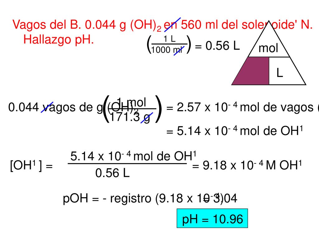 ( ) ( ) Vagos del B g (OH)2 en 560 ml del solenoide N. mol L M