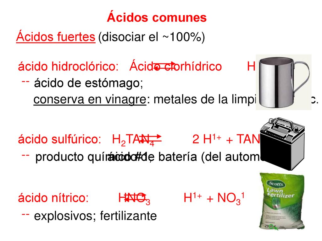 Ácidos comunes Ácidos fuertes. (disociar el ~100%) ácido hidroclórico: Ácido clorhídrico H1+ + Cl1.