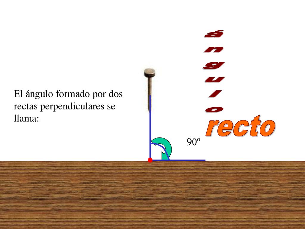ángulo El ángulo formado por dos rectas perpendiculares se llama: recto 90º