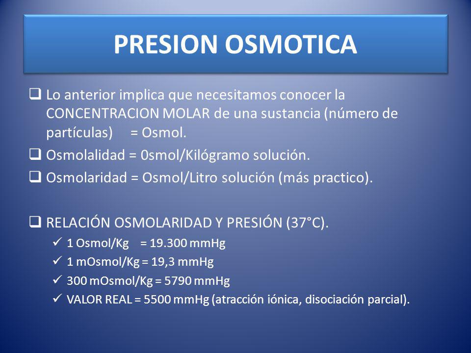 PRESION OSMOTICA Lo anterior implica que necesitamos conocer la CONCENTRACION MOLAR de una sustancia (número de partículas) = Osmol.