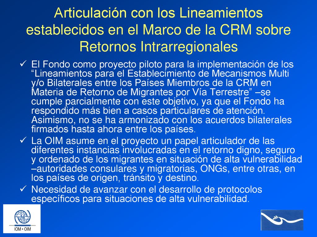 Articulación con los Lineamientos establecidos en el Marco de la CRM sobre Retornos Intrarregionales