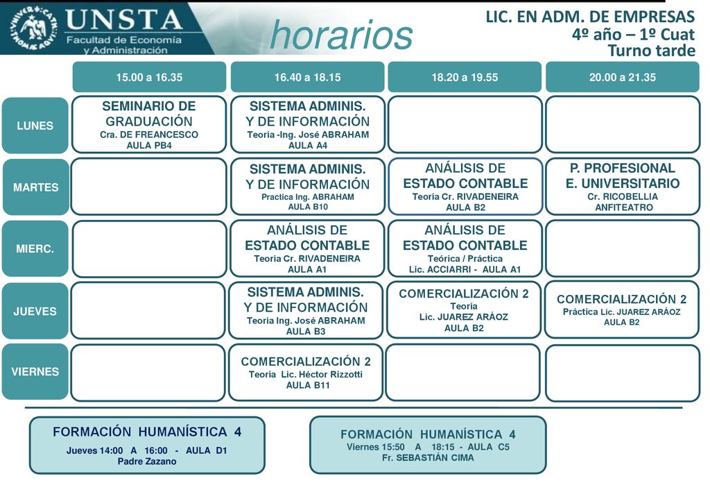 horarios LIC. EN ADM. DE EMPRESAS 4º año – 1º Cuat Turno tarde