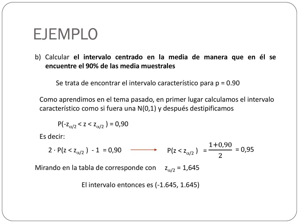 EJEMPLO b) Calcular el intervalo centrado en la media de manera que en él se encuentre el 90% de las media muestrales.