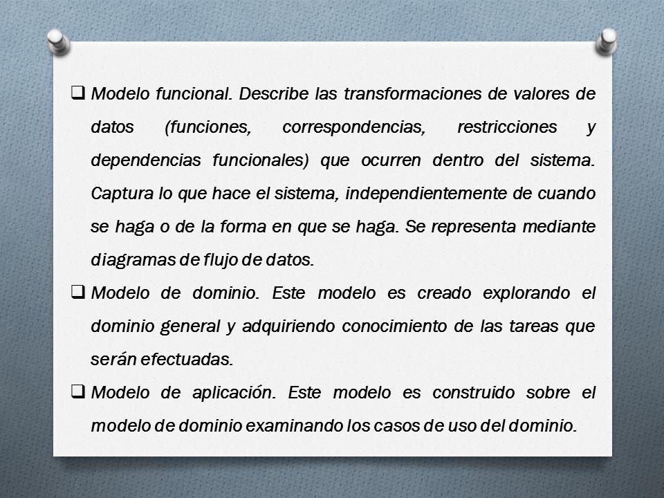 Modelo funcional. Describe las transformaciones de valores de datos (funciones, correspondencias, restricciones y dependencias funcionales) que ocurren dentro del sistema. Captura lo que hace el sistema, independientemente de cuando se haga o de la forma en que se haga. Se representa mediante diagramas de flujo de datos.