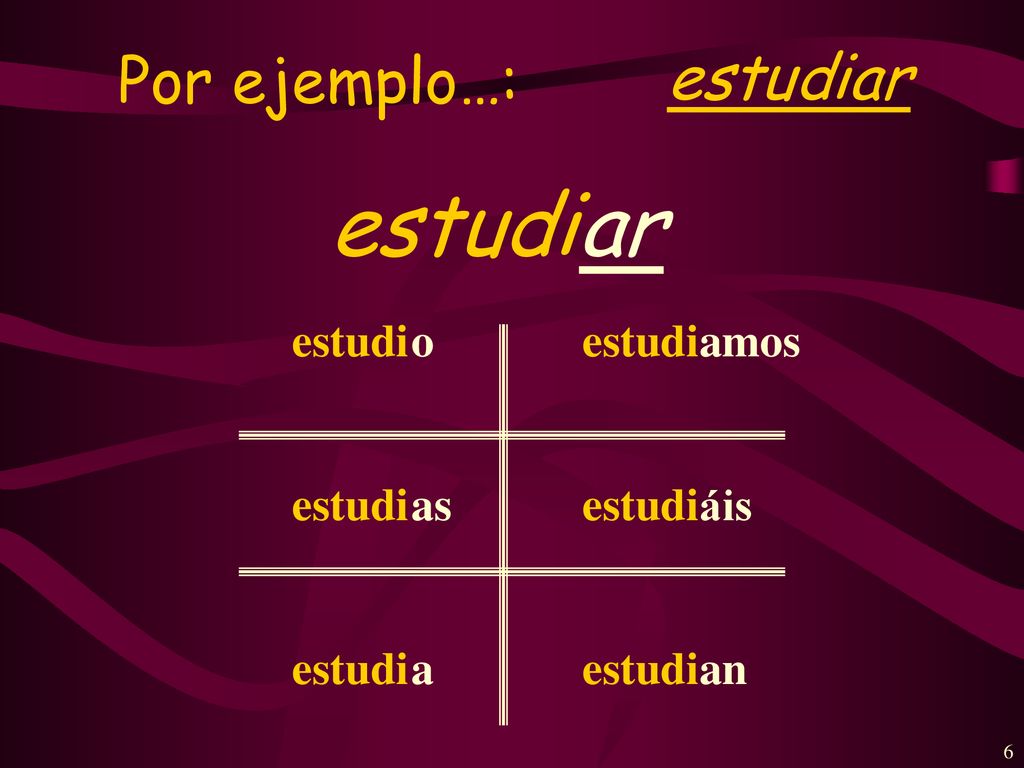 Por ejemplo…: estudiar estudi ar estudi o as a amos áis an