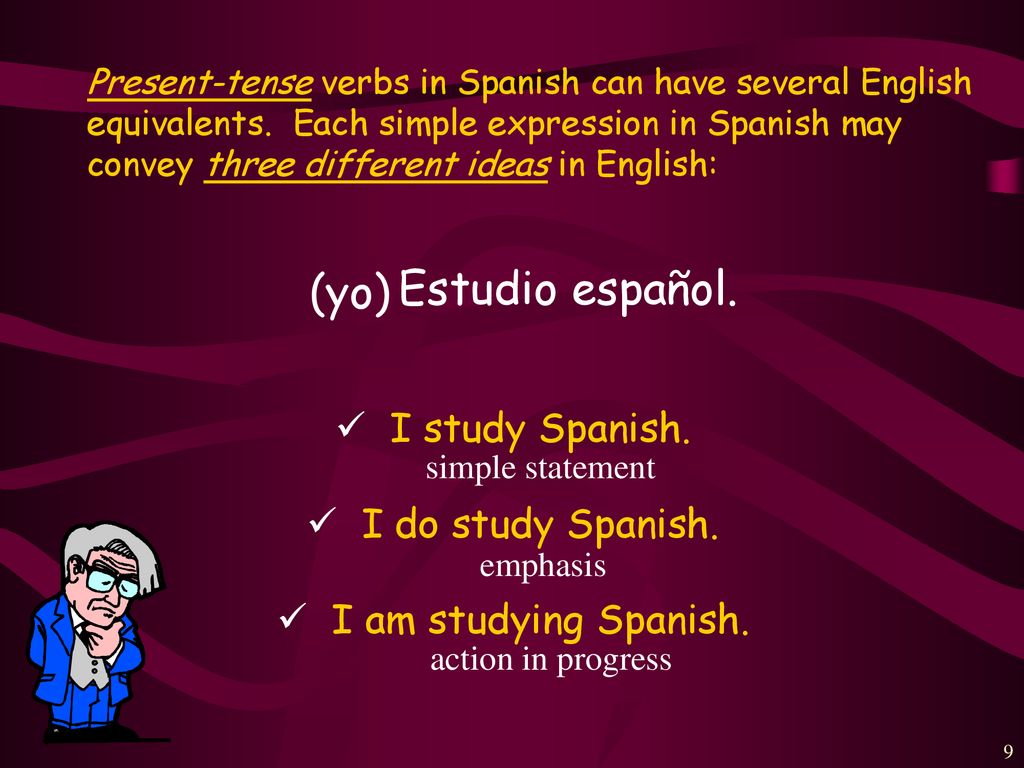 (yo) Estudio español. I study Spanish. I do study Spanish.