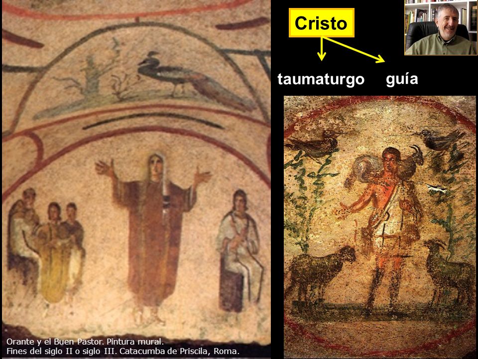Cristo taumaturgo guía Orante y el Buen Pastor. Pintura mural.
