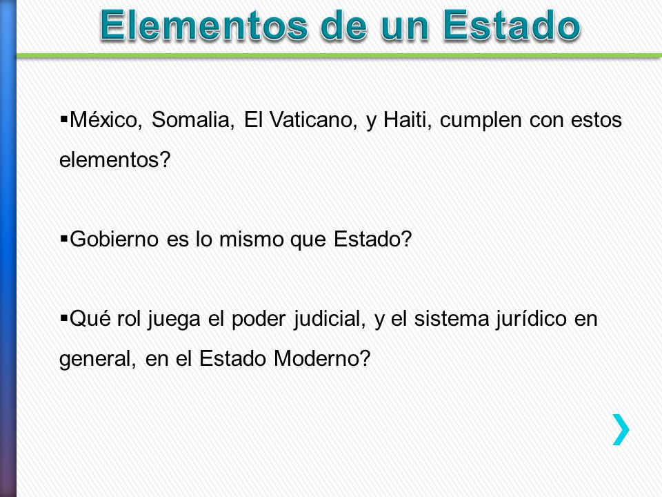 Elementos de un Estado México, Somalia, El Vaticano, y Haiti, cumplen con estos elementos Gobierno es lo mismo que Estado