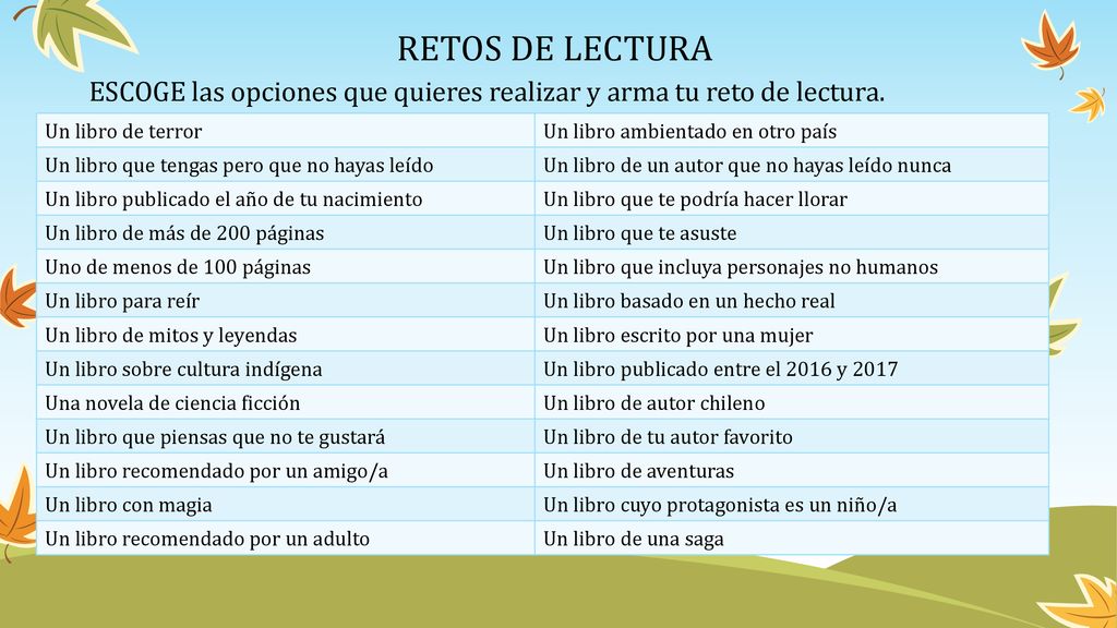 RETOS DE LECTURA ESCOGE las opciones que quieres realizar y arma tu reto de lectura. Un libro de terror.