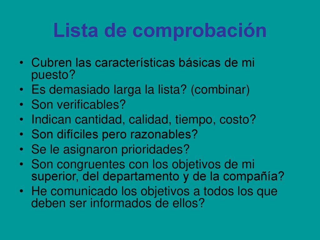Lista de comprobación Cubren las características básicas de mi puesto