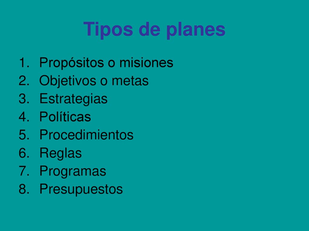 Tipos de planes Propósitos o misiones Objetivos o metas Estrategias