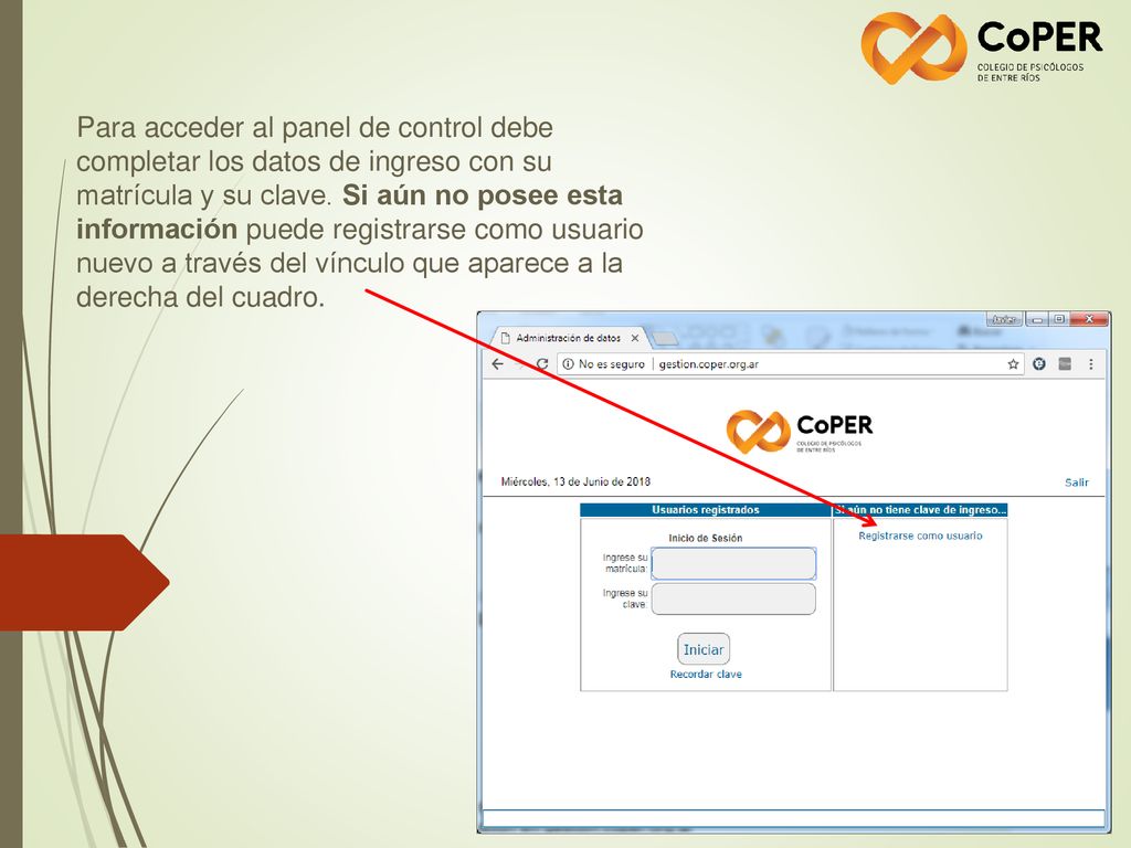 Para acceder al panel de control debe completar los datos de ingreso con su matrícula y su clave.