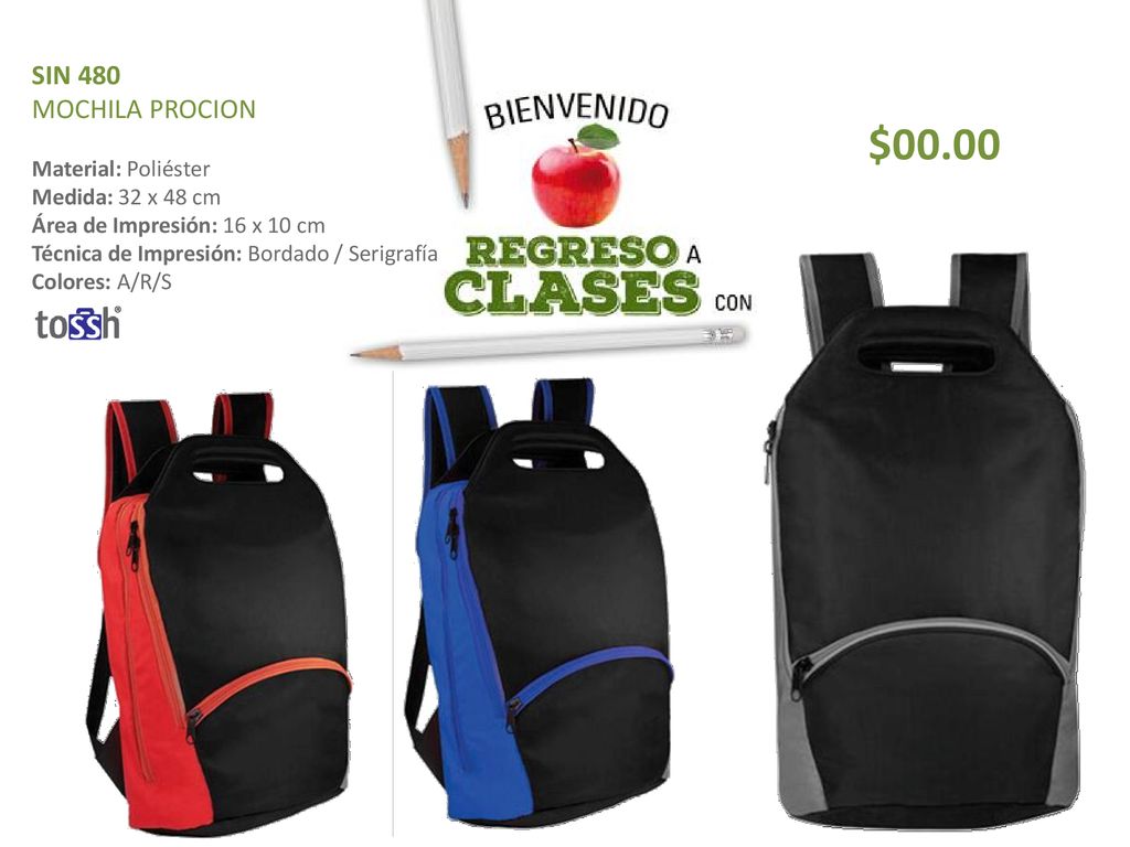 $00.00 SIN 480 MOCHILA PROCION Material: Poliéster Medida: 32 x 48 cm