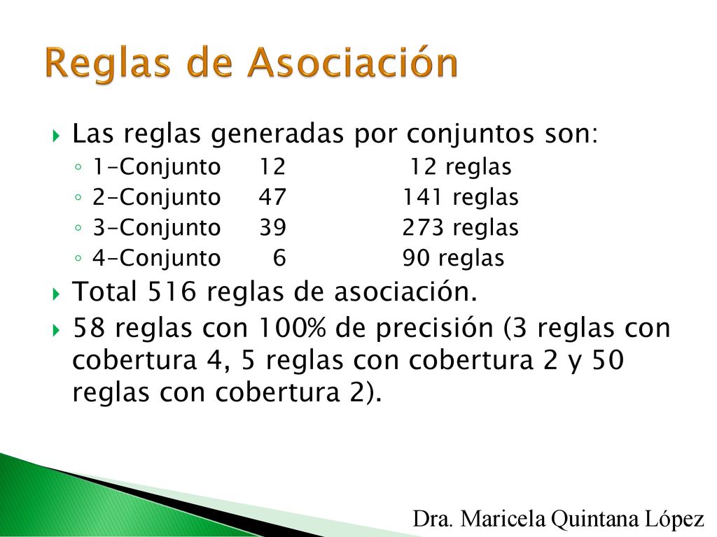 Reglas de Asociación Las reglas generadas por conjuntos son: