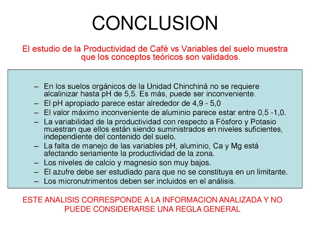 CONCLUSION El estudio de la Productividad de Café vs Variables del suelo muestra que los conceptos teóricos son validados.