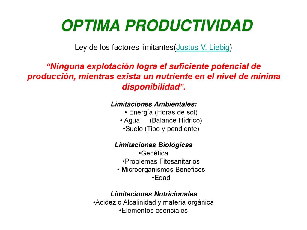 OPTIMA PRODUCTIVIDAD Ley de los factores limitantes(Justus V. Liebig)
