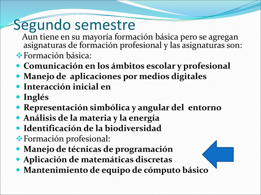 Segundo semestre Aun tiene en su mayoría formación básica pero se agregan asignaturas de formación profesional y las asignaturas son: