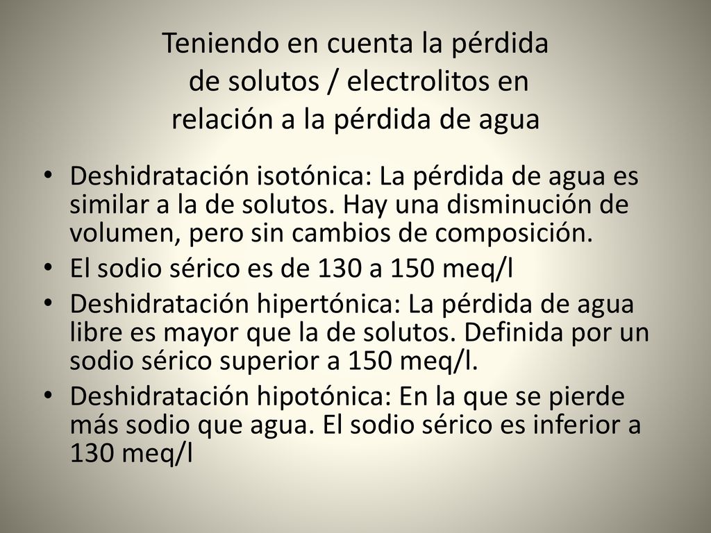 Teniendo en cuenta la pérdida de solutos / electrolitos en relación a la pérdida de agua