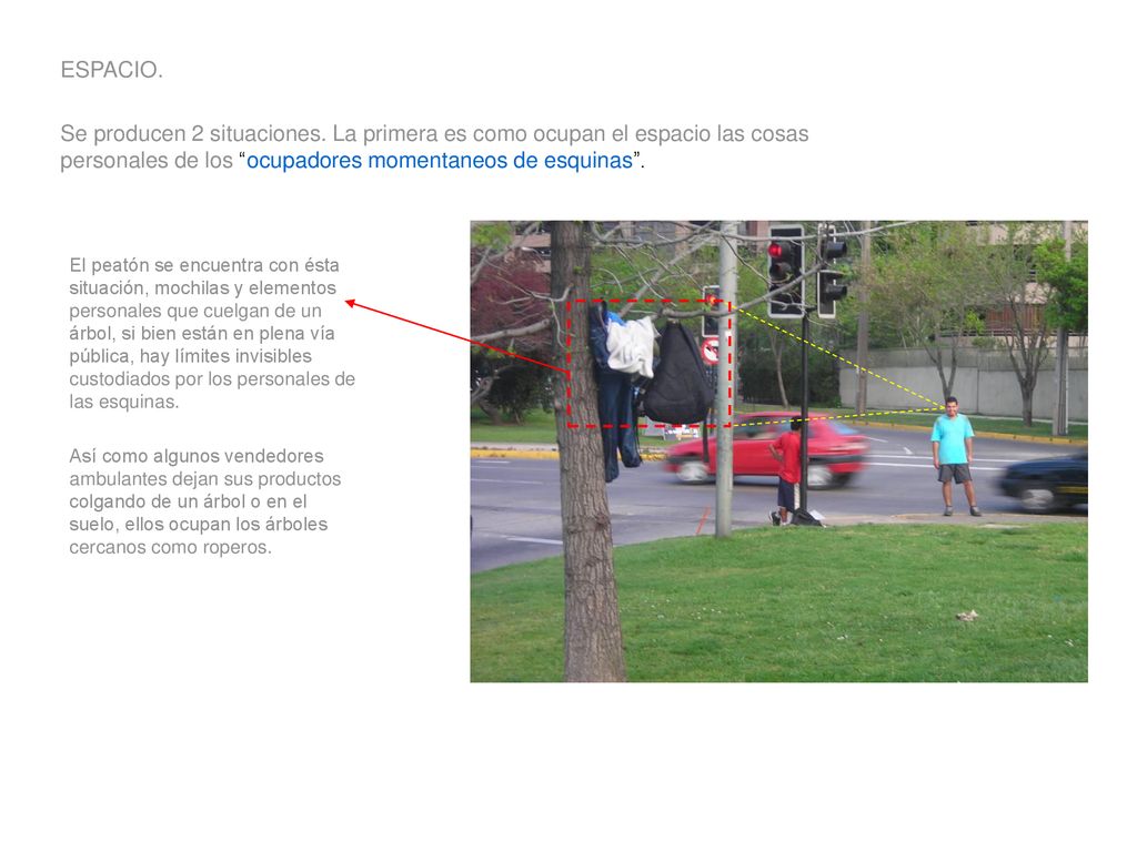ESPACIO. Se producen 2 situaciones. La primera es como ocupan el espacio las cosas personales de los ocupadores momentaneos de esquinas .