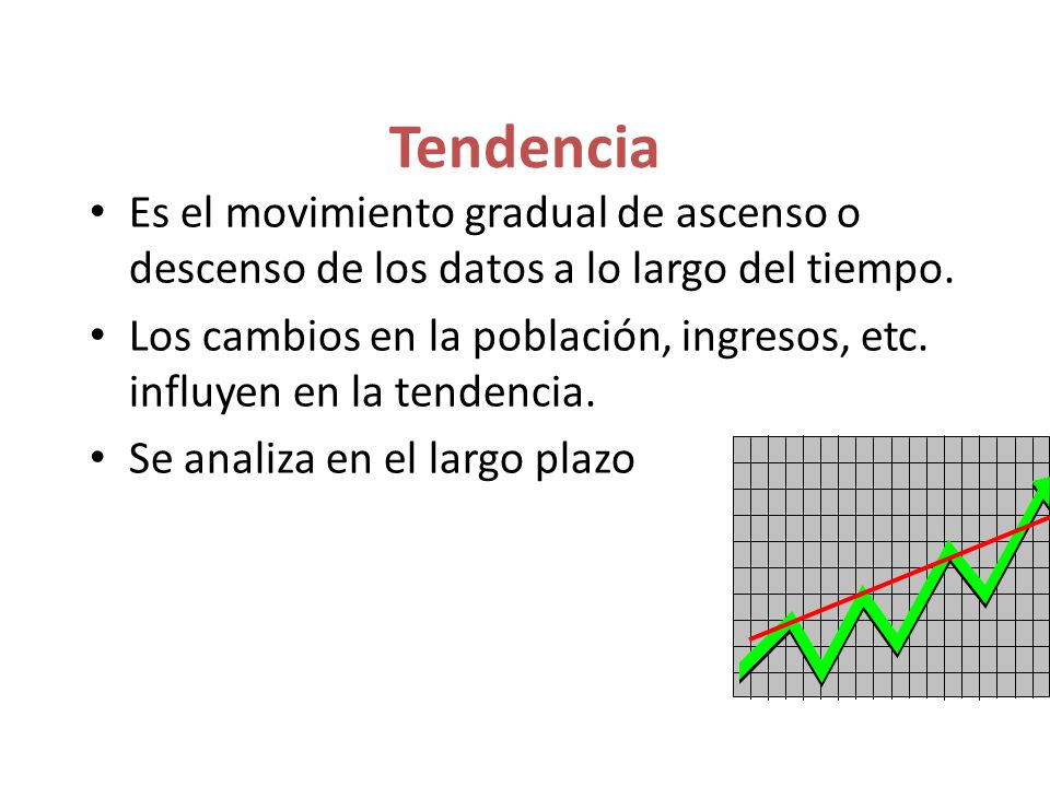 Tendencia Es el movimiento gradual de ascenso o descenso de los datos a lo largo del tiempo.