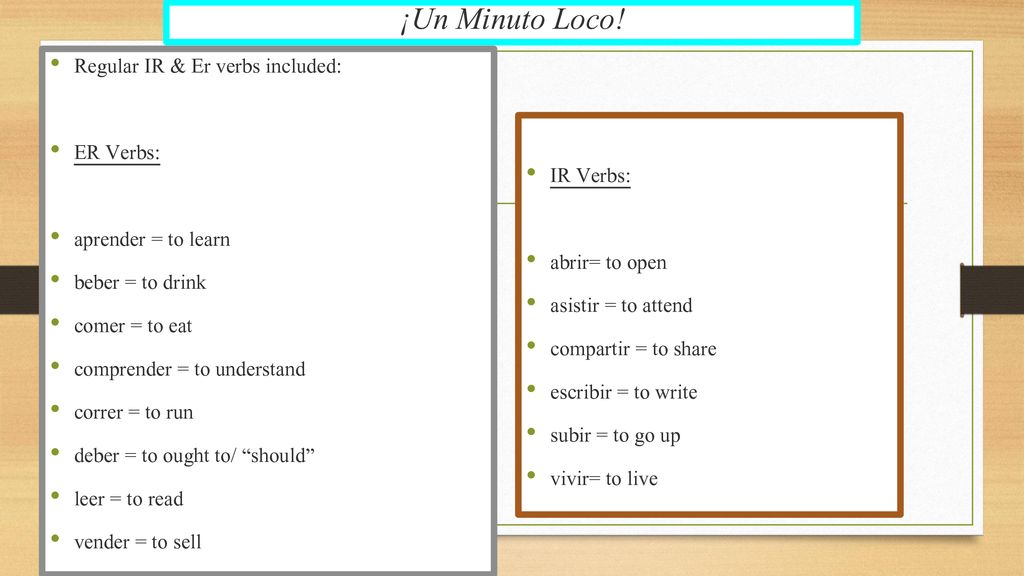 ¡Un Minuto Loco! Regular IR & Er verbs included: ER Verbs: