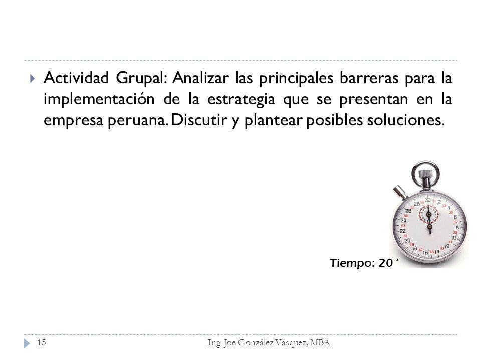 Actividad Grupal: Analizar las principales barreras para la implementación de la estrategia que se presentan en la empresa peruana. Discutir y plantear posibles soluciones.