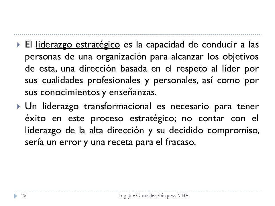 El liderazgo estratégico es la capacidad de conducir a las personas de una organización para alcanzar los objetivos de esta, una dirección basada en el respeto al líder por sus cualidades profesionales y personales, así como por sus conocimientos y enseñanzas.