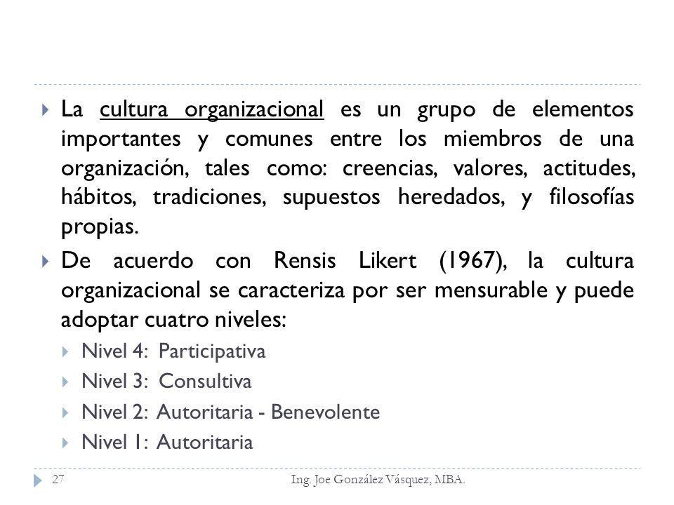 La cultura organizacional es un grupo de elementos importantes y comunes entre los miembros de una organización, tales como: creencias, valores, actitudes, hábitos, tradiciones, supuestos heredados, y filosofías propias.