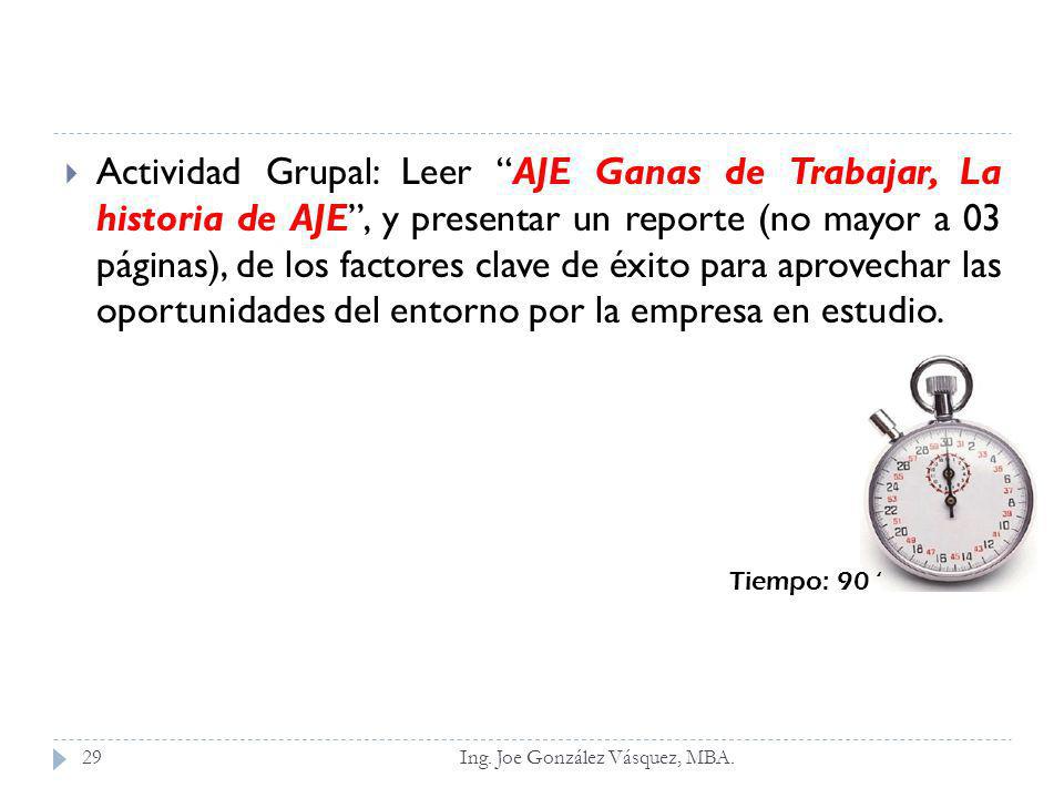 Actividad Grupal: Leer AJE Ganas de Trabajar, La historia de AJE , y presentar un reporte (no mayor a 03 páginas), de los factores clave de éxito para aprovechar las oportunidades del entorno por la empresa en estudio.