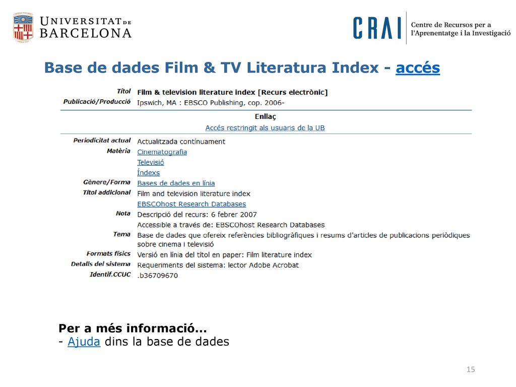 Base de dades Film & TV Literatura Index - accés