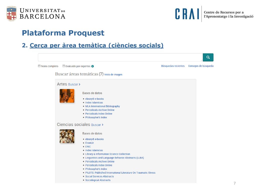 Plataforma Proquest 2. Cerca per àrea temàtica (ciències socials)