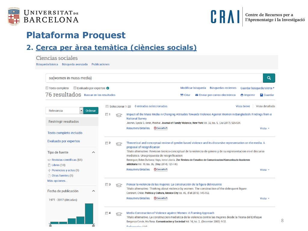 Plataforma Proquest 2. Cerca per àrea temàtica (ciències socials)
