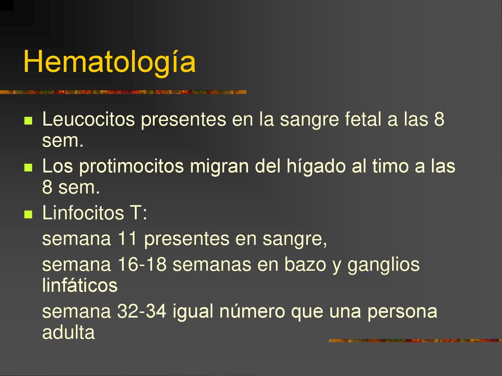 Hematología Leucocitos presentes en la sangre fetal a las 8 sem.