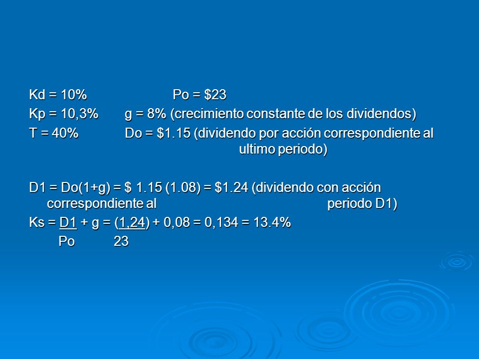 Kd = 10% Po = $23 Kp = 10,3% g = 8% (crecimiento constante de los dividendos)
