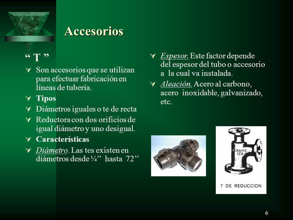 Accesorios T Son accesorios que se utilizan para efectuar fabricación en líneas de tubería. Tipos.