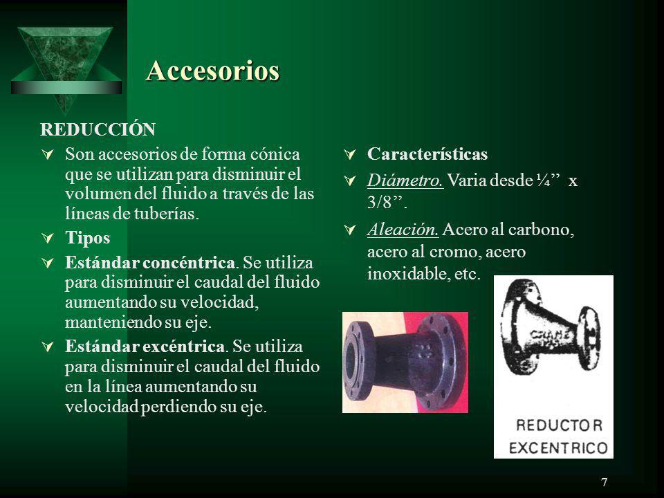 Accesorios REDUCCIÓN. Son accesorios de forma cónica que se utilizan para disminuir el volumen del fluido a través de las líneas de tuberías.
