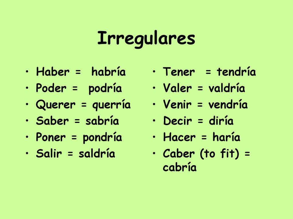 Irregulares Haber = habría Poder = podría Querer = querría