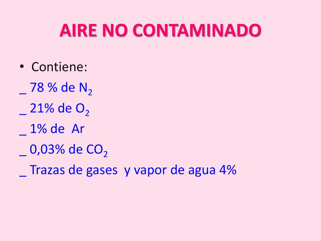 AIRE NO CONTAMINADO Contiene: _ 78 % de N2 _ 21% de O2 _ 1% de Ar