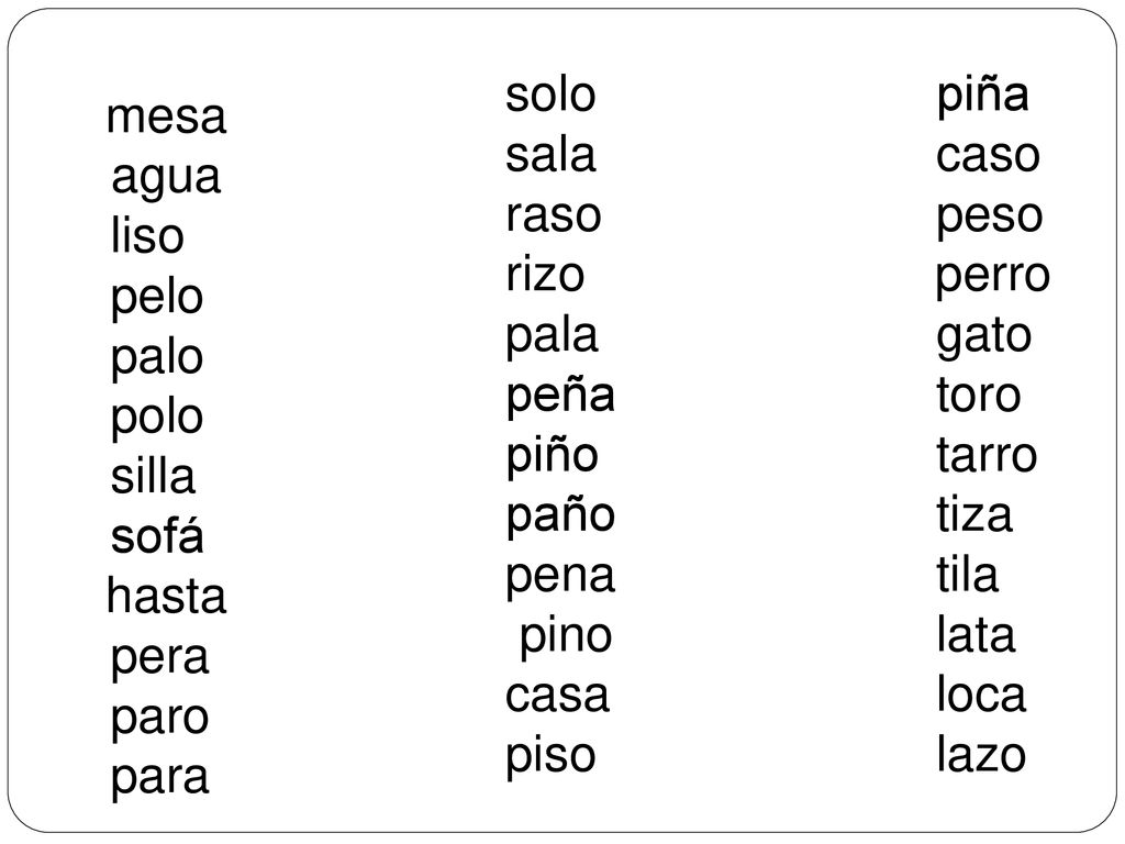 solo sala. raso. rizo. pala. peña. piño. paño. pena. pino. casa. piso. piña. caso. peso.